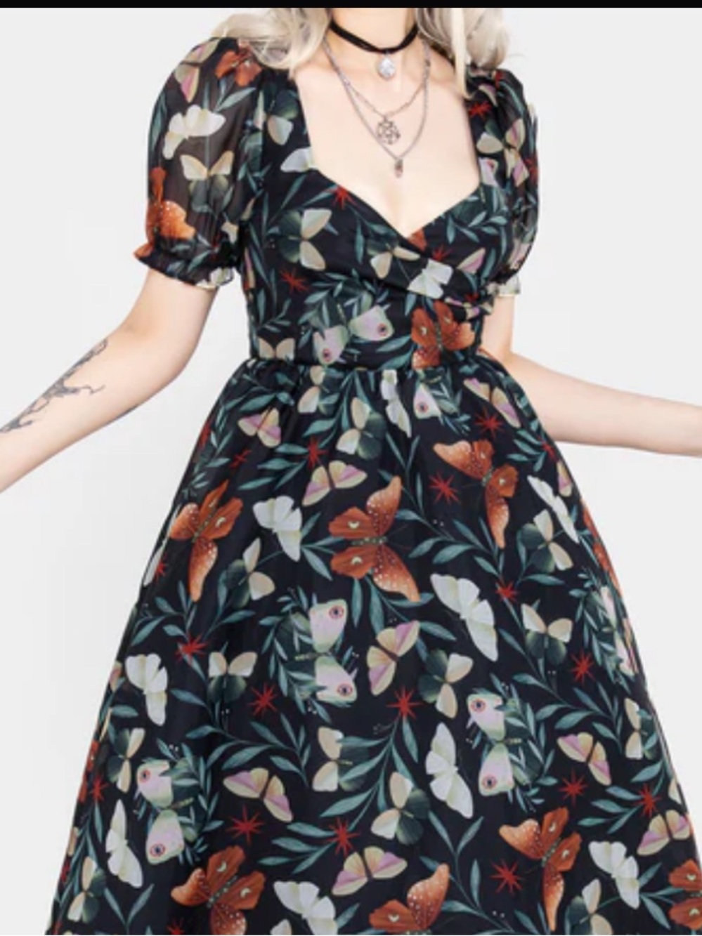 Disturbia Black Floral Puff-Sleeve Fit & Flare Dress 🖤🥀🦋 - Picture 2 of 13